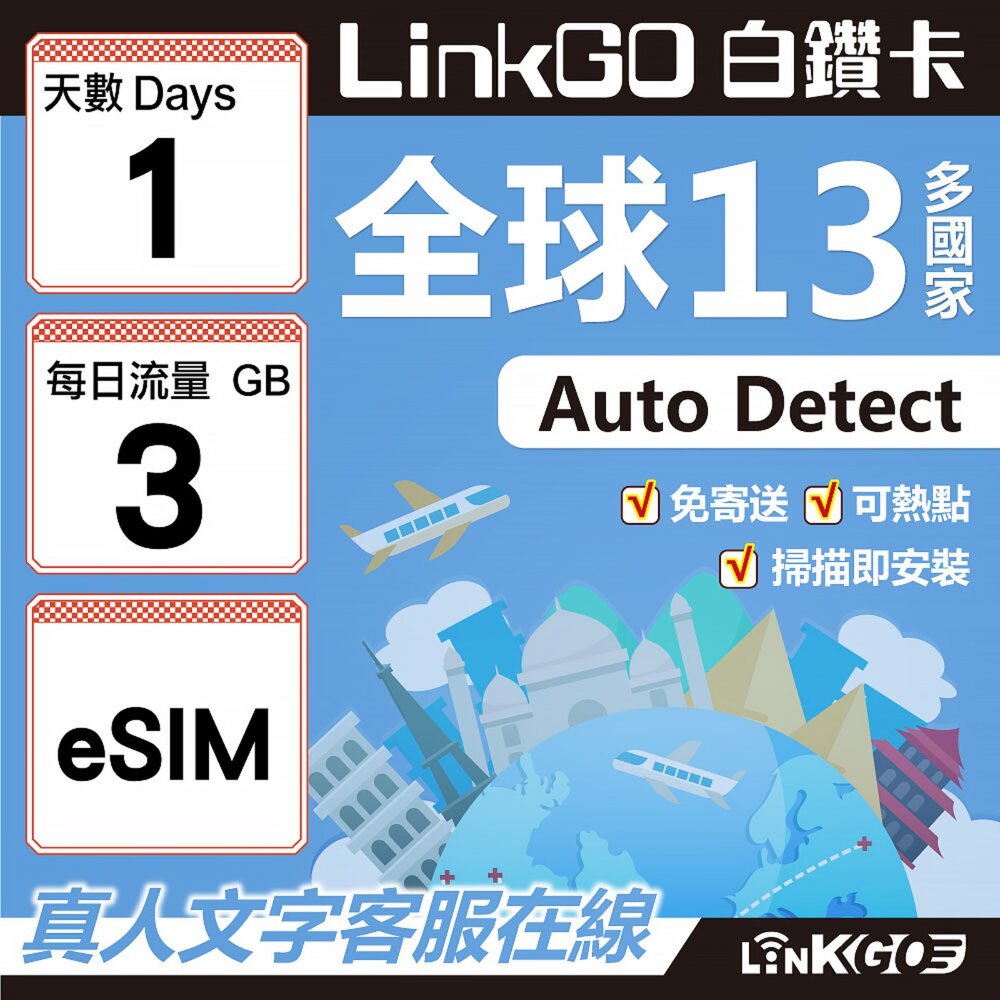 02020001-【LINKGO】白鑽卡 全球13國 eSIM卡 1天上網卡 每日3GB(全球網卡 亞太區 紐西蘭 澳洲 通行無限)