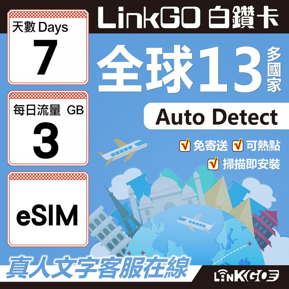 02020007-【LINKGO】白鑽卡 全球13國 eSIM卡 7天上網卡 每日3GB(全球網卡 亞太區 紐西蘭 澳洲 通行無限)