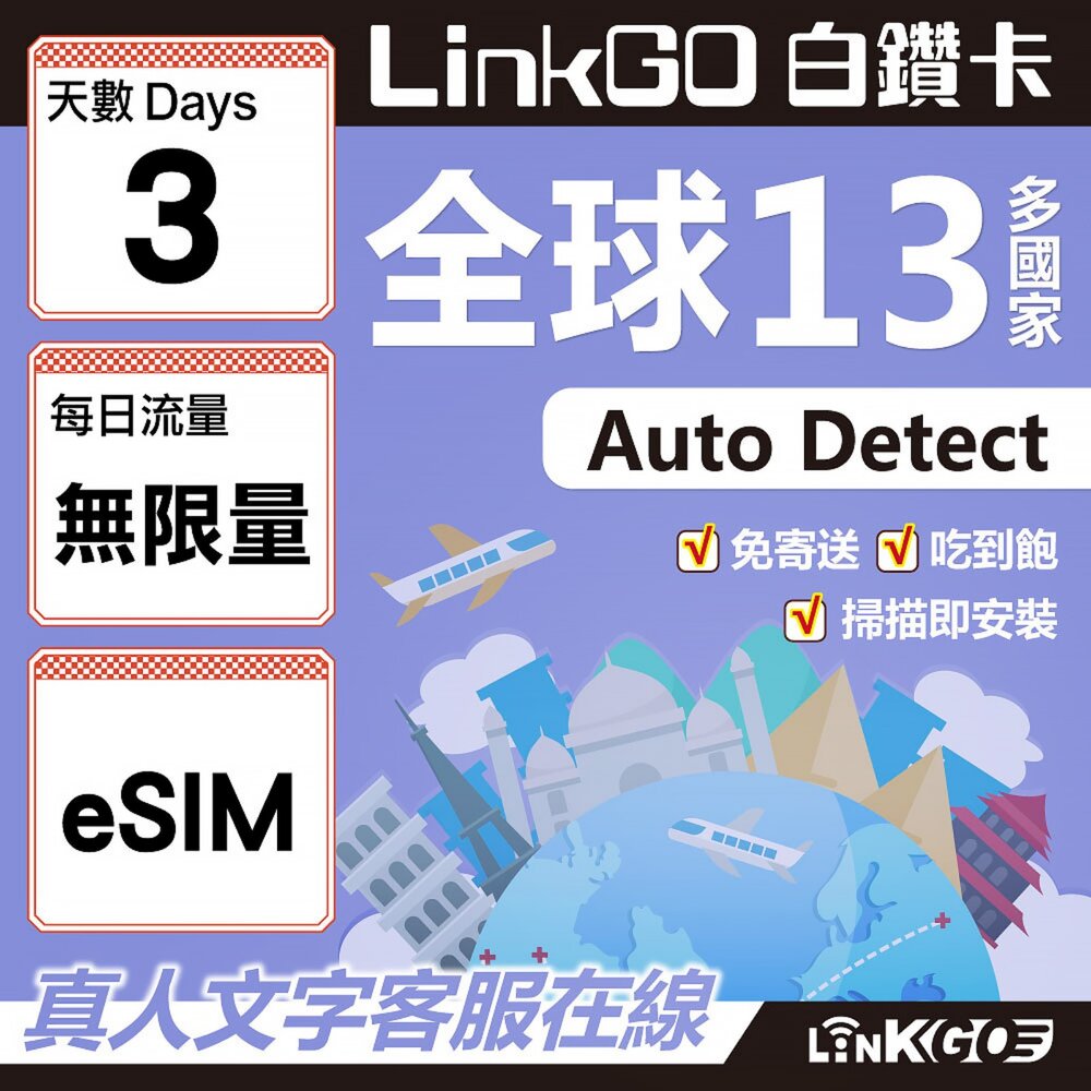 02030003-【LINKGO】白鑽卡 全球13國 eSIM卡 3天上網卡 無限流量吃到飽不降速(全球網卡 亞太區 紐西蘭 澳洲 通行無