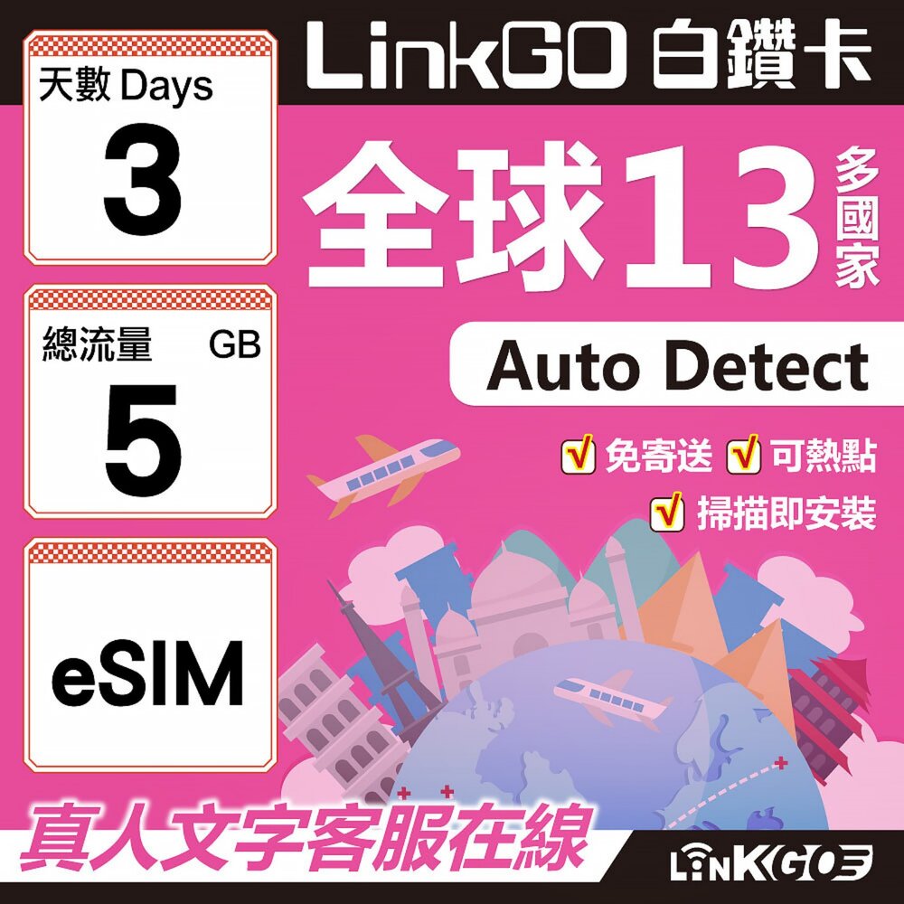 02050003-【LINKGO】白鑽卡 全球13國 eSIM卡 3天上網卡 總流量5GB(全球網卡 亞太區 紐西蘭 澳洲 通行無限)