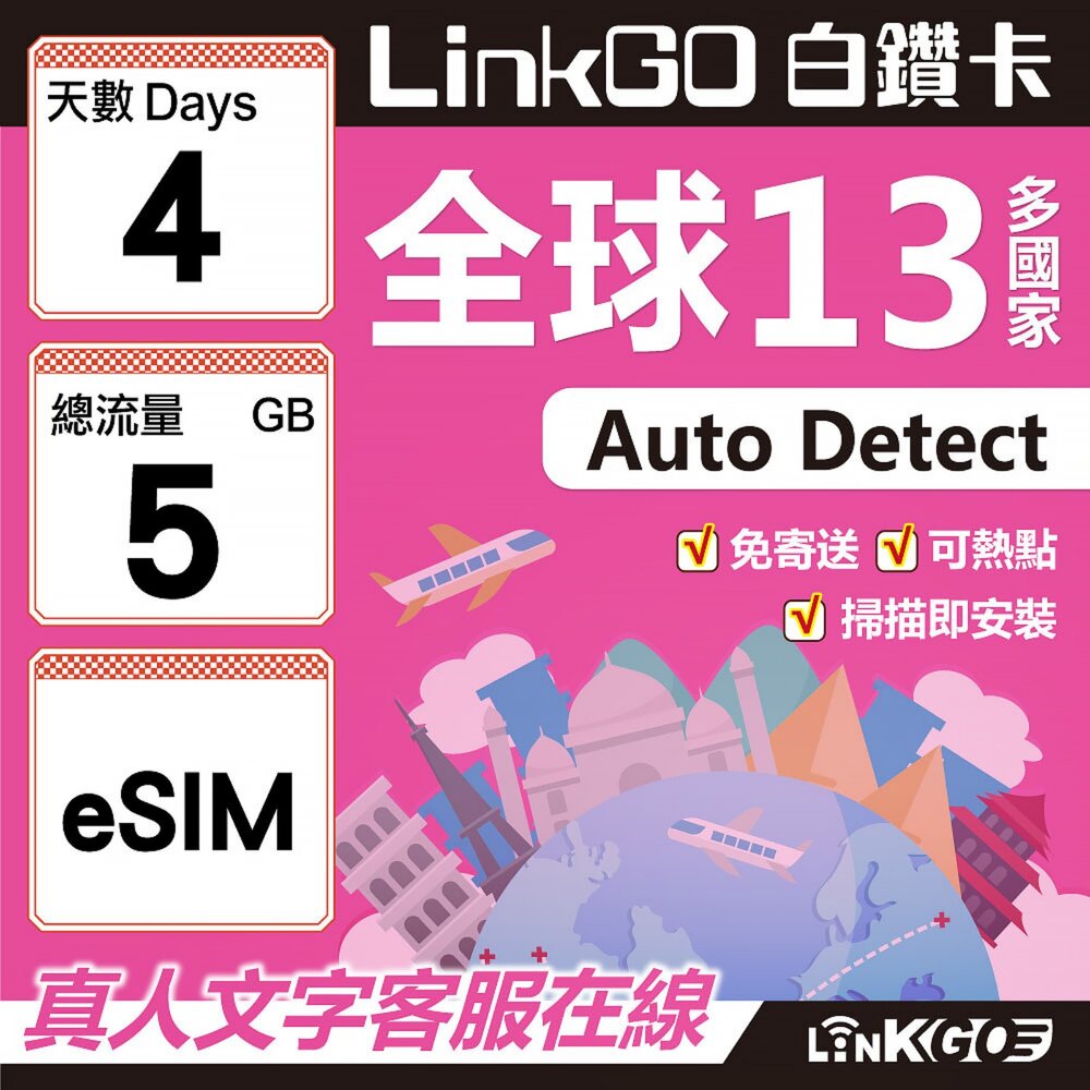 02050004-【LINKGO】白鑽卡 全球13國 eSIM卡 4天上網卡 總流量5GB(全球網卡 亞太區 紐西蘭 澳洲 通行無限)