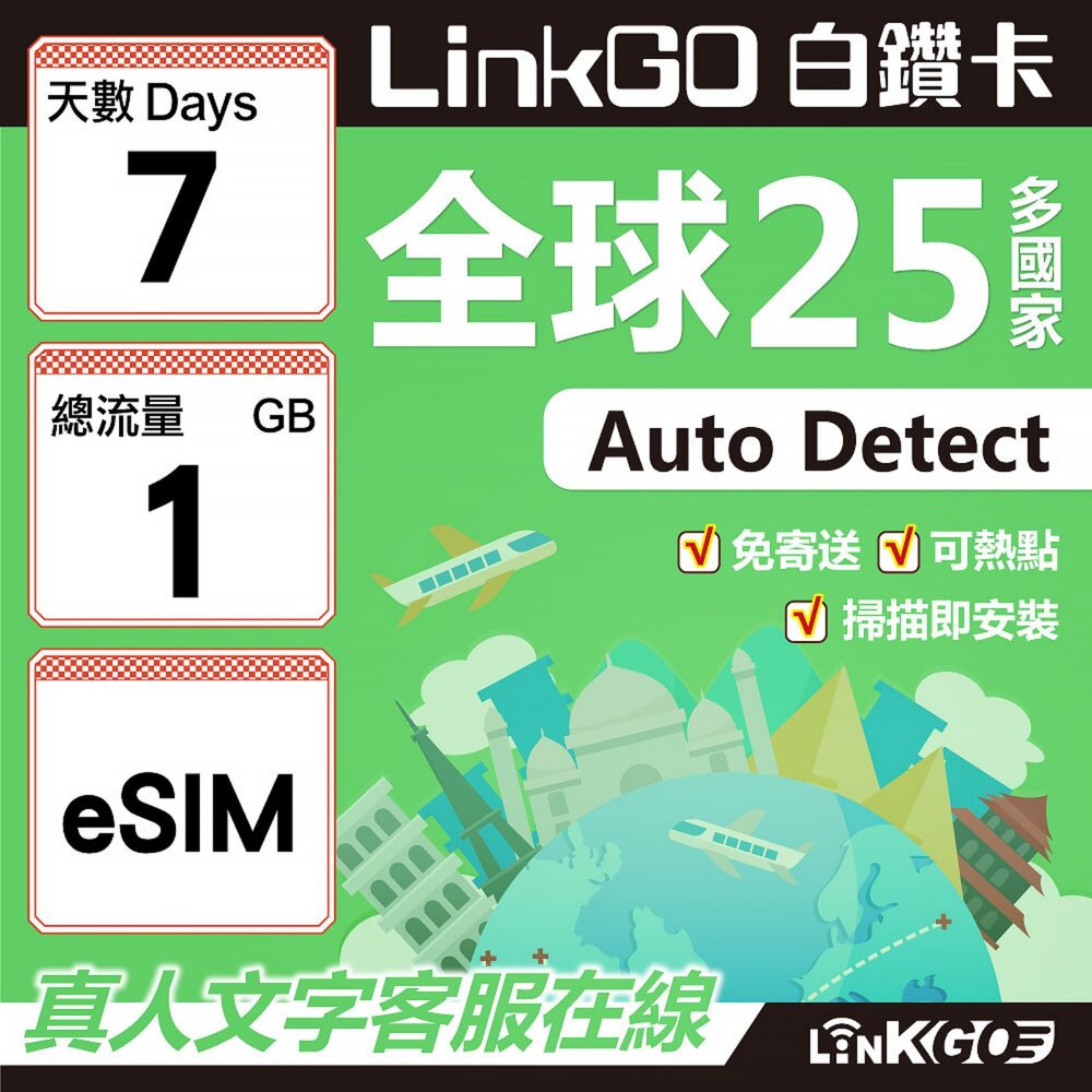 02140007-【LINKGO】白鑽卡 全球25國 eSIM卡 7天上網卡 總流量1GB(全球網卡 亞太區 紐西蘭 澳洲 通行無限)