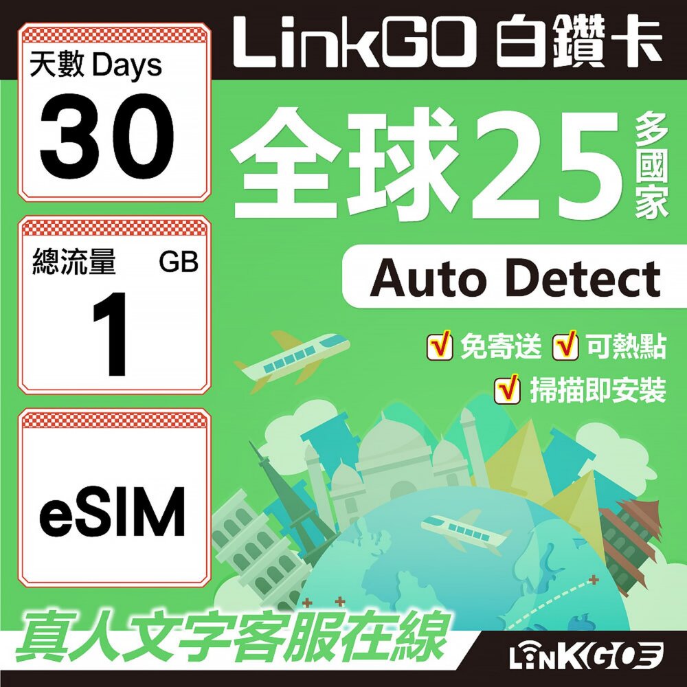 02140030-【LINKGO】白鑽卡 全球25國 eSIM卡 30天上網卡 總流量1GB(全球網卡 亞太區 紐西蘭 澳洲 通行無限)
