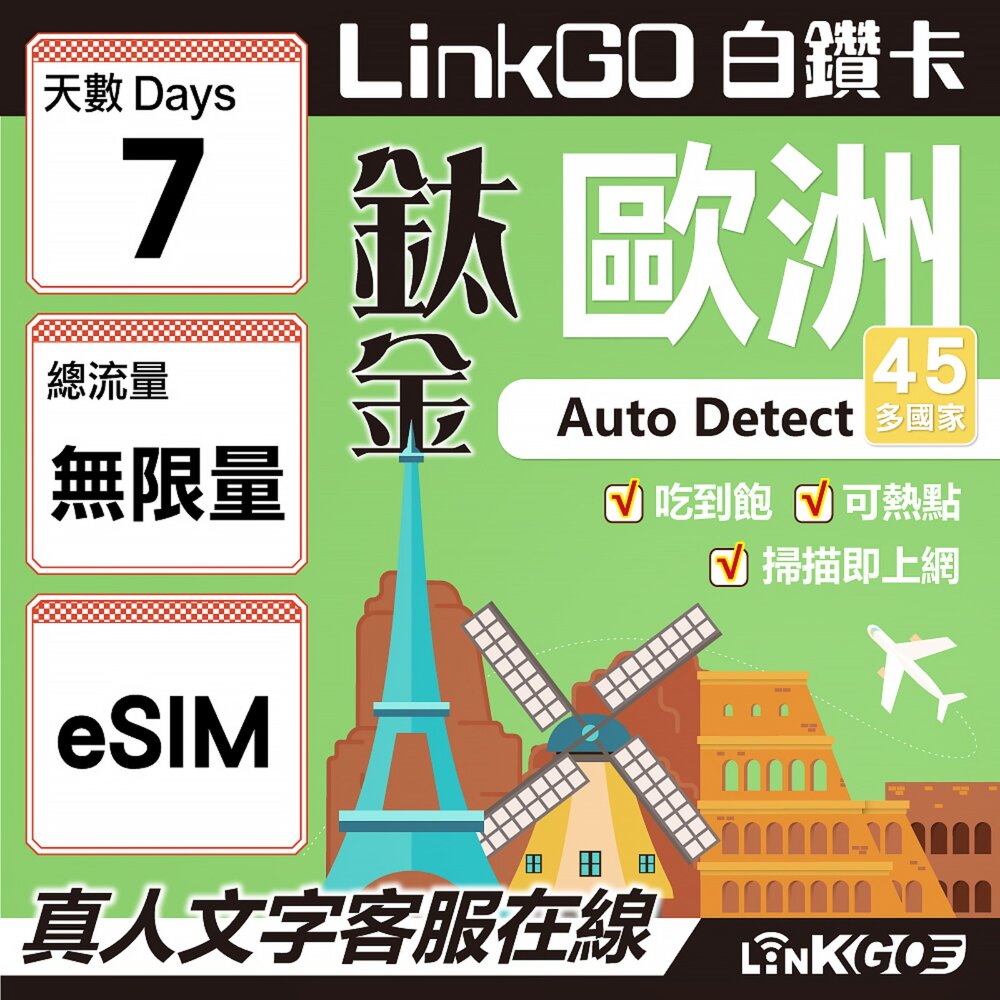 02240007-【LINKGO】白鑽卡 歐洲45國 eSIM卡 7天鈦金款吃到飽不降速 高速流量(歐洲網卡 西班牙 德國 奧地利 英國)