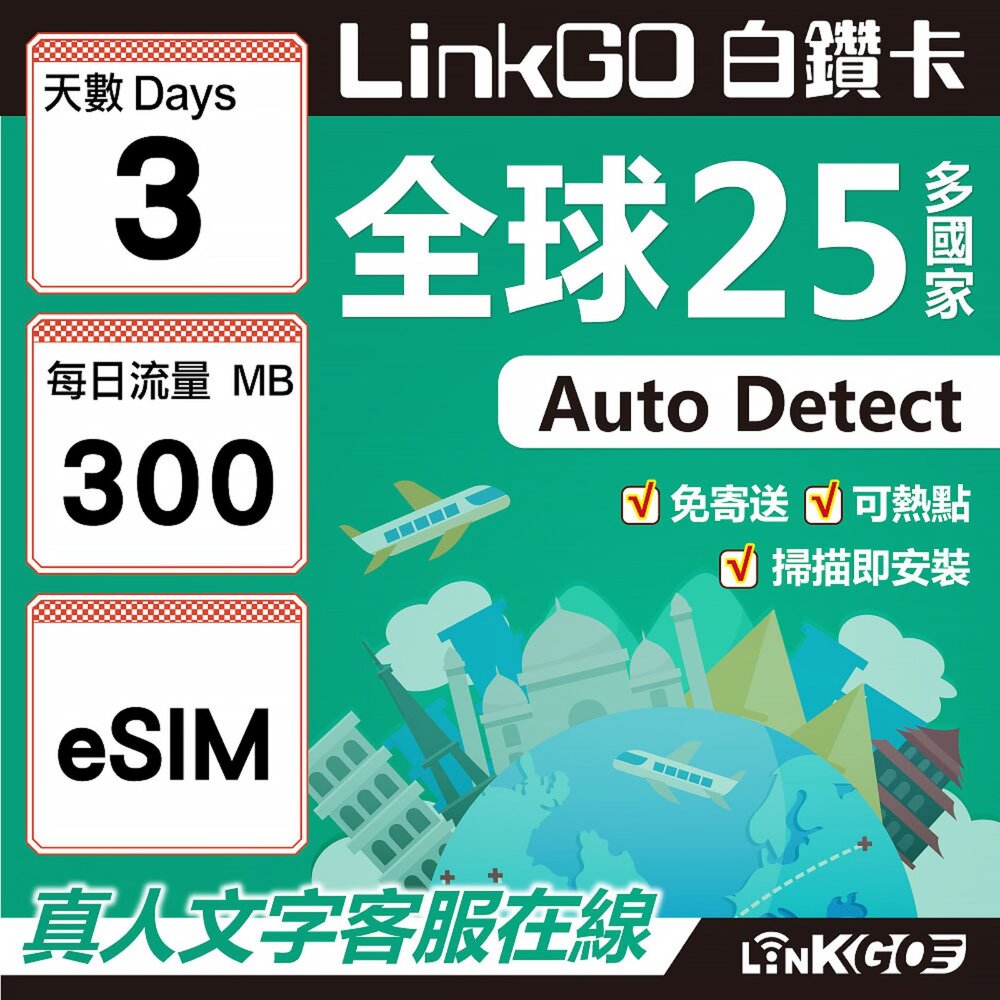 02310003-【LINKGO】白鑽卡 全球25國 eSIM卡 3天上網卡 每日300mb(全球網卡 亞太區 紐西蘭 澳洲 通行無限)