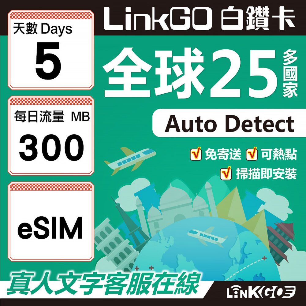 02310005-【LINKGO】白鑽卡 全球25國 eSIM卡 5天上網卡 每日300mb(全球網卡 亞太區 紐西蘭 澳洲 通行無限)