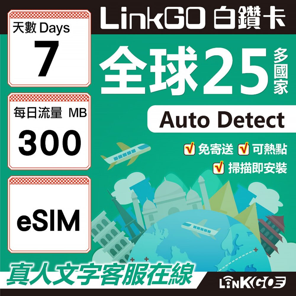02310007-【LINKGO】白鑽卡 全球25國 eSIM卡 7天上網卡 每日300mb(全球網卡 亞太區 紐西蘭 澳洲 通行無限)