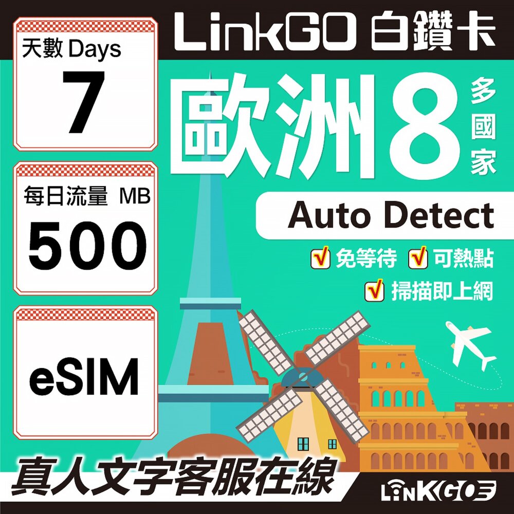 03400007-【LINKGO】白鑽卡 歐洲8國 eSIM卡 7天上網卡 每日500MB (歐洲網卡 法國 瑞典  奧地利 英國)