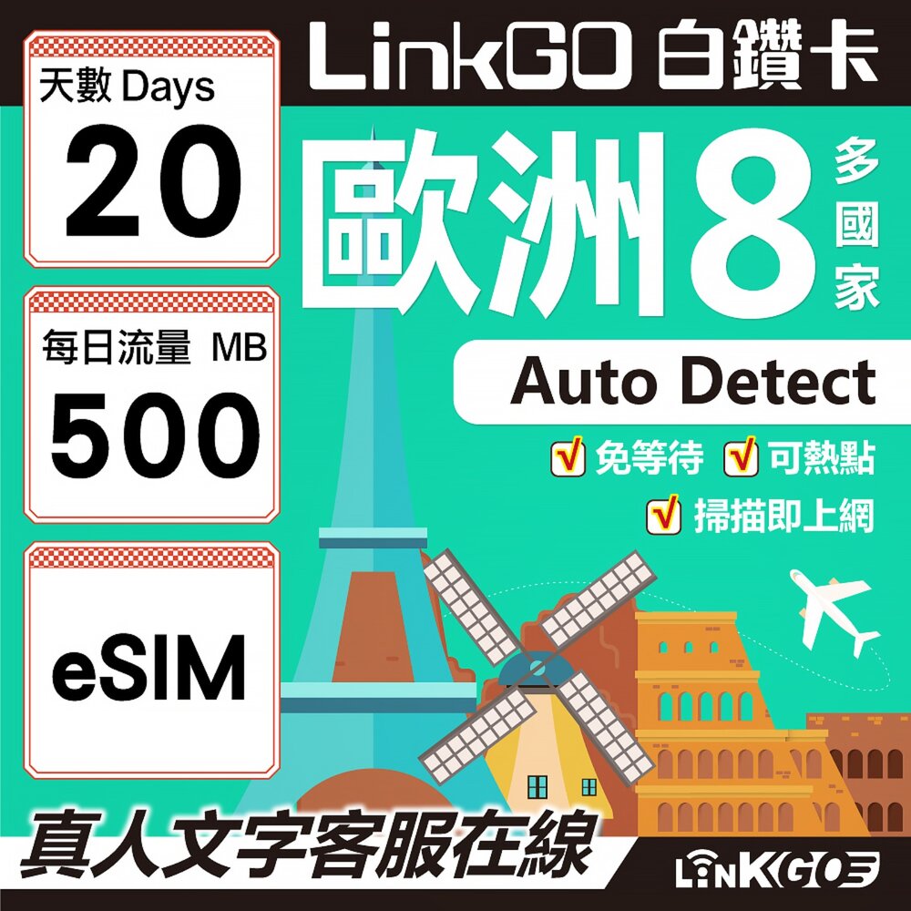 03400020-【LINKGO】白鑽卡 歐洲8國 eSIM卡 20天上網卡 每日500MB (歐洲網卡 法國 瑞典  奧地利 英國)