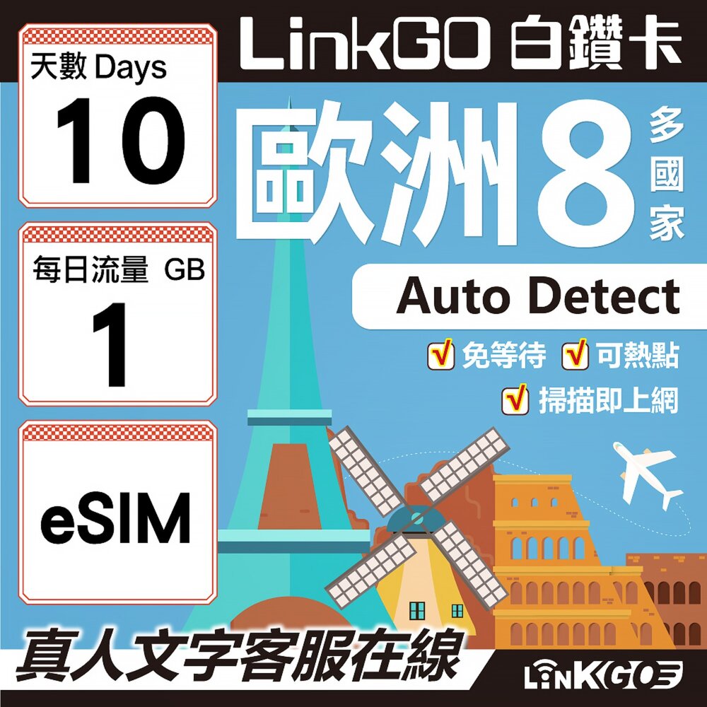 03410010-【LINKGO】白鑽卡 歐洲8國 eSIM卡 10天上網卡 每日1GB (歐洲網卡 法國 瑞典  奧地利 英國)