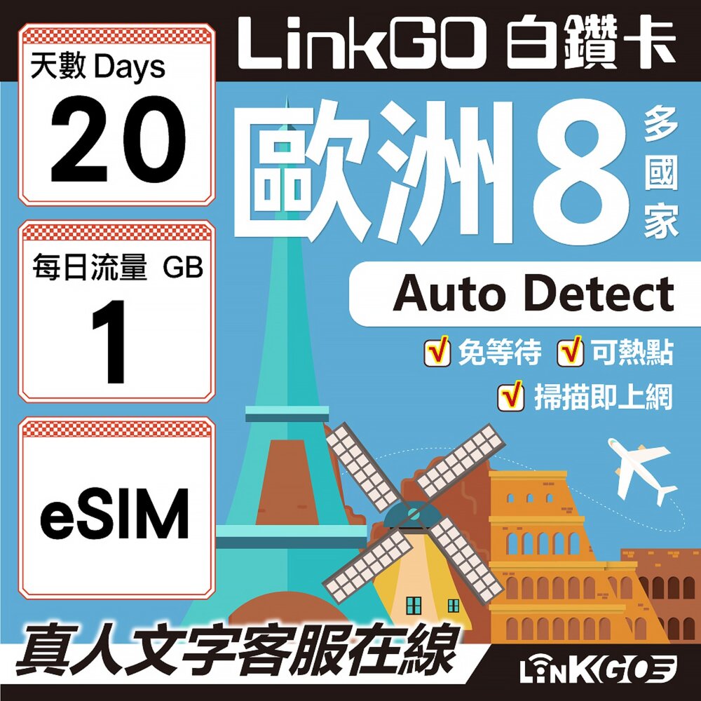 03410020-【LINKGO】白鑽卡 歐洲8國 eSIM卡 20天上網卡 每日1GB (歐洲網卡 法國 瑞典  奧地利 英國)