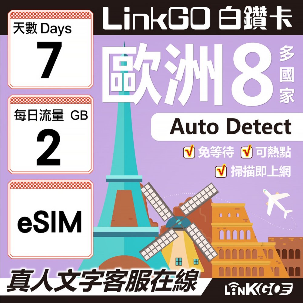 03420007-【LINKGO】白鑽卡 歐洲8國 eSIM卡 7天上網卡 每日2GB (歐洲網卡 法國 瑞典  奧地利 英國)