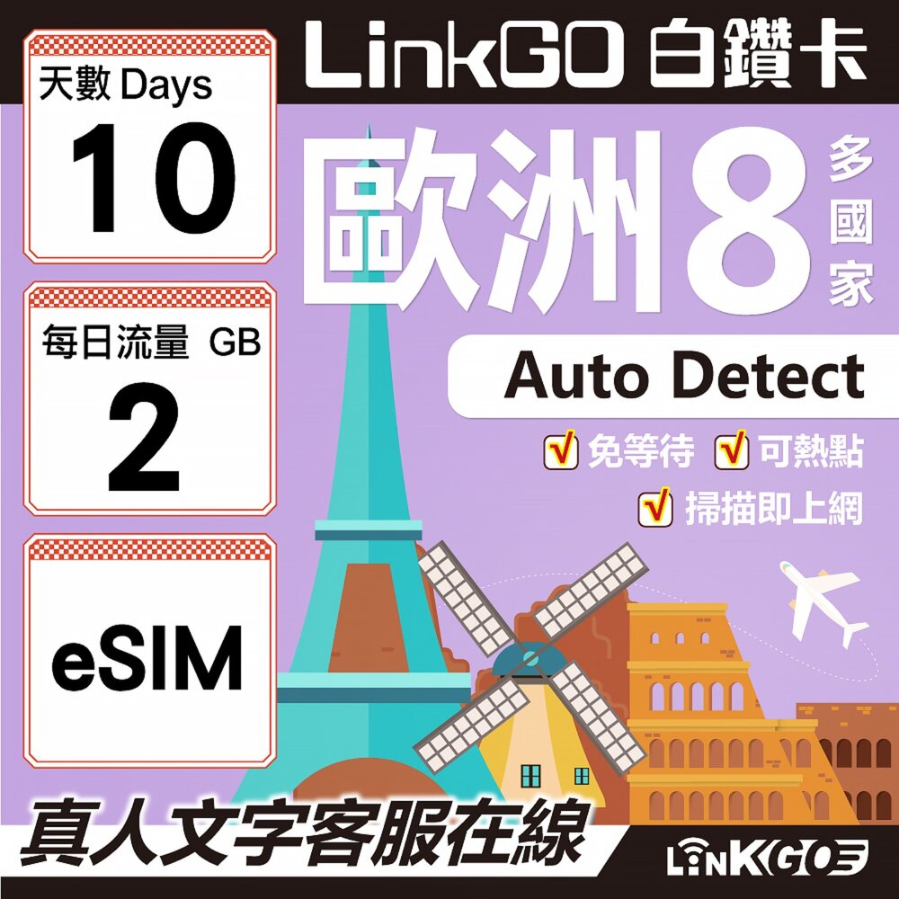 03420010-【LINKGO】白鑽卡 歐洲8國 eSIM卡 10天上網卡 每日2GB (歐洲網卡 法國 瑞典  奧地利 英國)