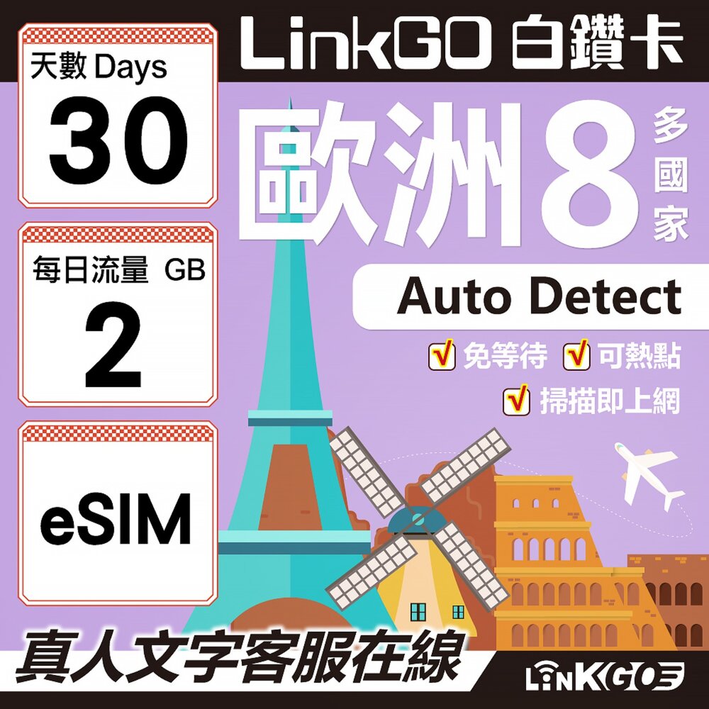 03420030-【LINKGO】白鑽卡 歐洲8國 eSIM卡 30天上網卡 每日2GB (歐洲網卡 法國 瑞典  奧地利 英國)