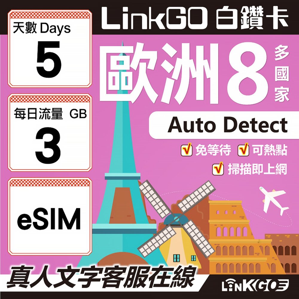 03430005-【LINKGO】白鑽卡 歐洲8國 eSIM卡 5天上網卡 每日3GB (歐洲網卡 法國 瑞典  奧地利 英國)