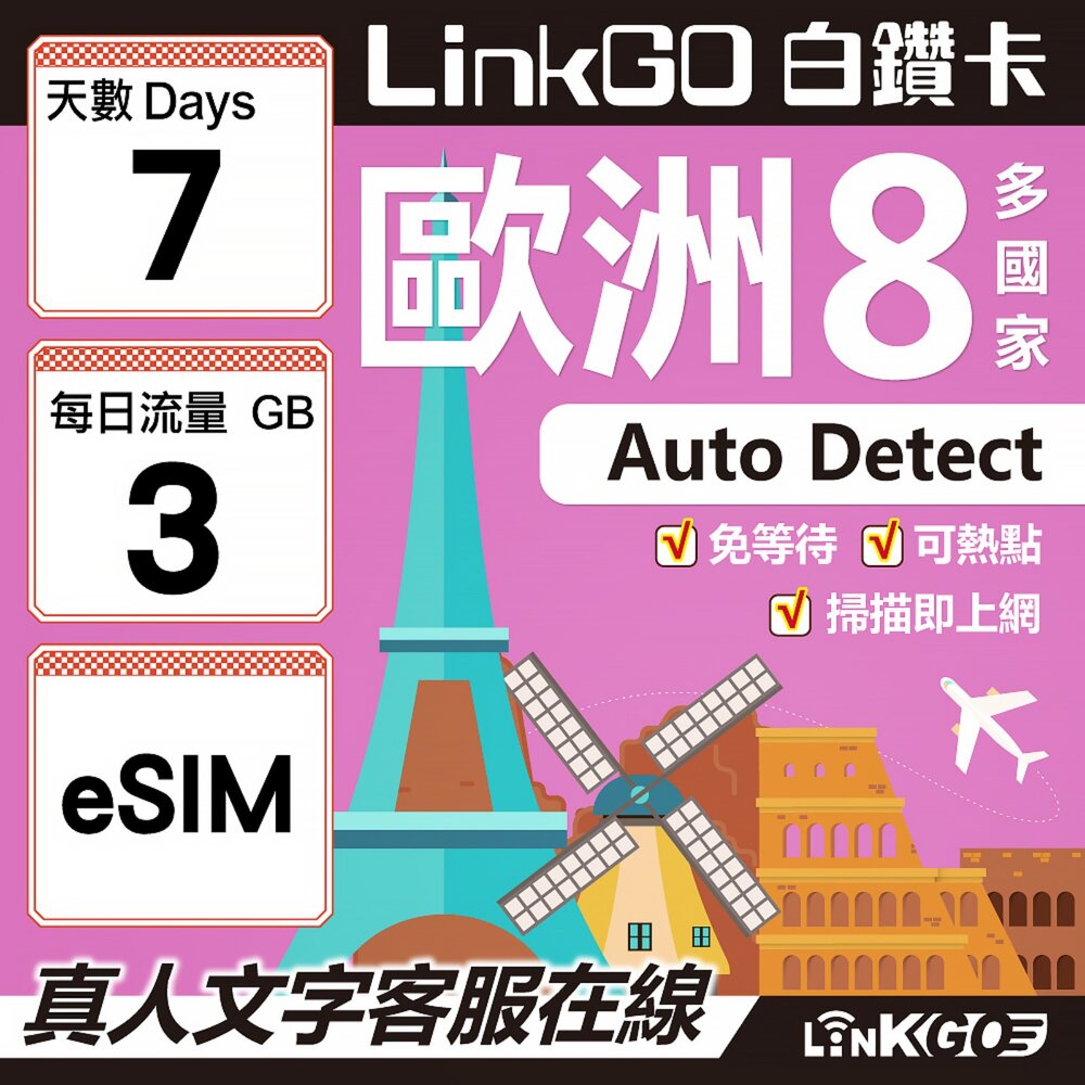 03430007-【LINKGO】白鑽卡 歐洲8國 eSIM卡 7天上網卡 每日3GB (歐洲網卡 法國 瑞典  奧地利 英國)