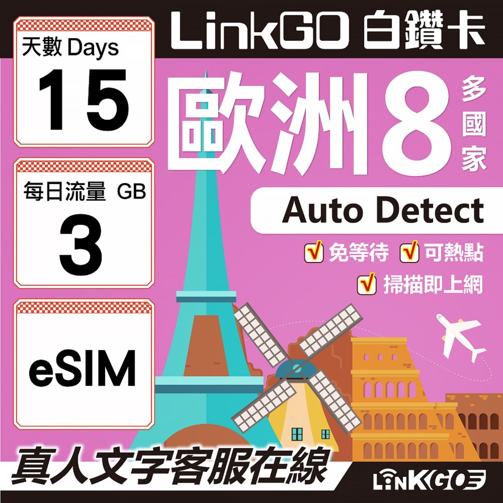03430015-【LINKGO】白鑽卡 歐洲8國 eSIM卡 15天上網卡 每日3GB (歐洲網卡 法國 瑞典  奧地利 英國)