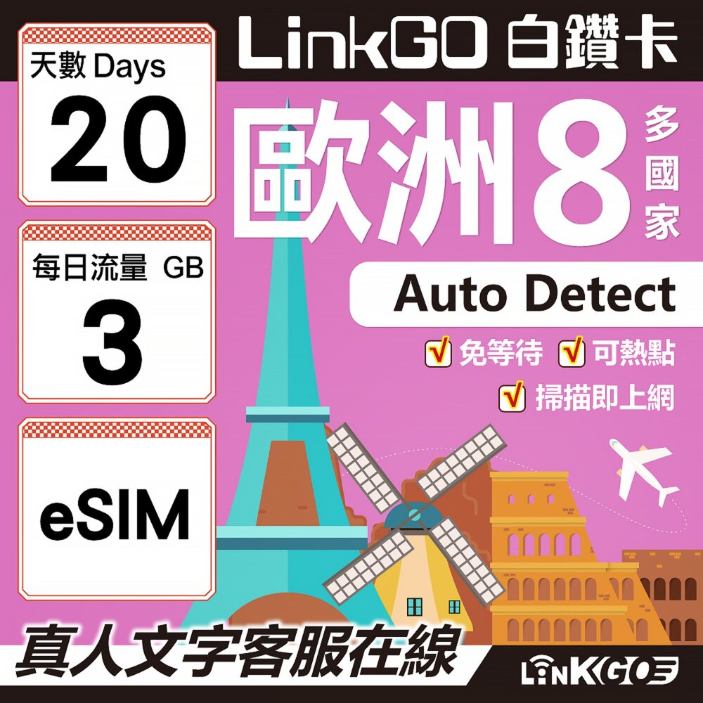 03430020-【LINKGO】白鑽卡 歐洲8國 eSIM卡 20天上網卡 每日3GB (歐洲網卡 法國 瑞典  奧地利 英國)