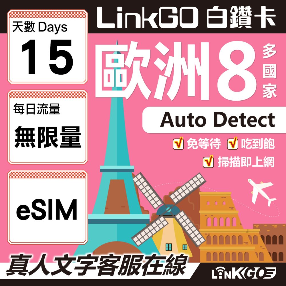 03440015-【LINKGO】白鑽卡 歐洲8國 eSIM卡 15天上網卡 無限流量吃到飽不降速 (歐洲網卡 法國 瑞典  奧地利 英國