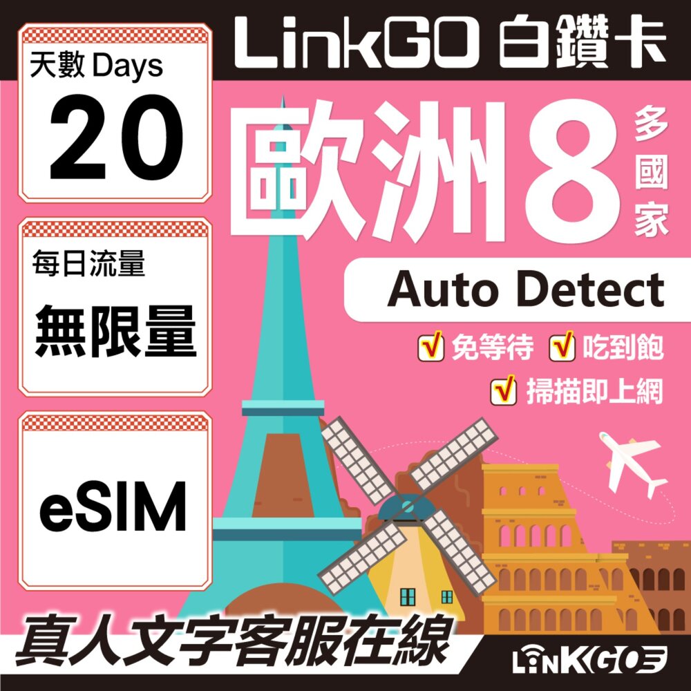 03440020-【LINKGO】白鑽卡 歐洲8國 eSIM卡 20天上網卡 無限流量吃到飽不降速 (歐洲網卡 法國 瑞典  奧地利 英國