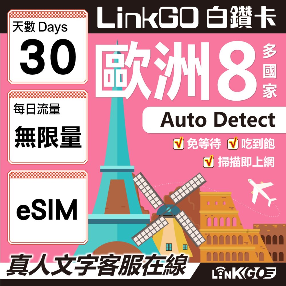 03440030-【LINKGO】白鑽卡 歐洲8國 eSIM卡 30天上網卡 無限流量吃到飽不降速 (歐洲網卡 法國 瑞典  奧地利 英國