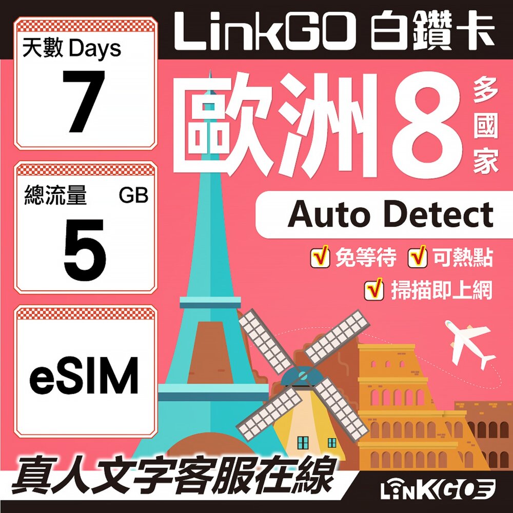 03460007-【LINKGO】白鑽卡 歐洲8國 eSIM卡 7天上網卡 總流量5GB (歐洲網卡 法國 瑞典  奧地利 英國)