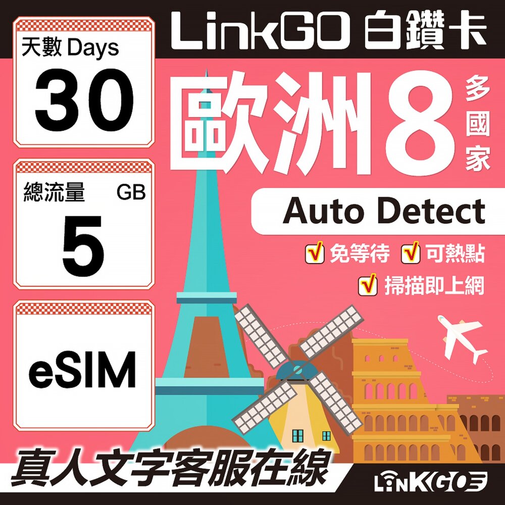 03460030-【LINKGO】白鑽卡 歐洲8國 eSIM卡 30天上網卡 總流量5GB (歐洲網卡 法國 瑞典  奧地利 英國)