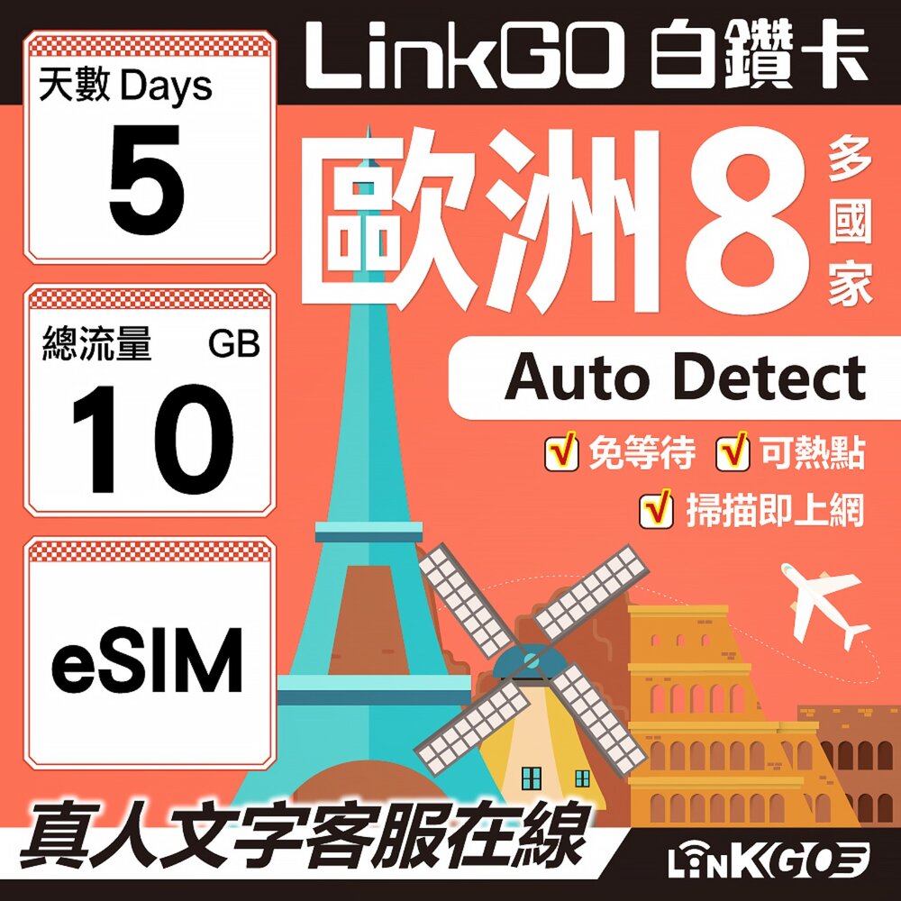 03470005-【LINKGO】白鑽卡 歐洲8國 eSIM卡 5天上網卡 總流量 10GB (歐洲網卡 法國 瑞典  奧地利 英國)