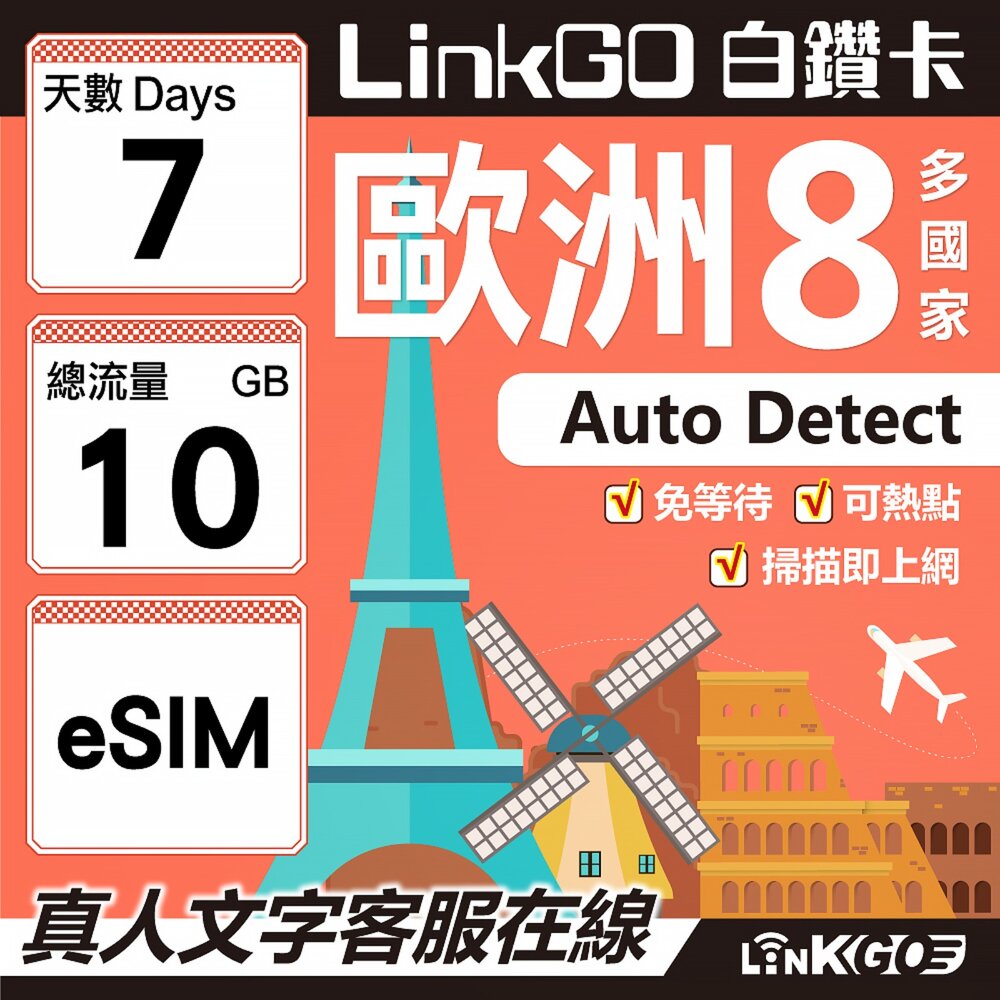 03470007-【LINKGO】白鑽卡 歐洲8國 eSIM卡 7天上網卡 總流量 10GB (歐洲網卡 法國 瑞典  奧地利 英國)