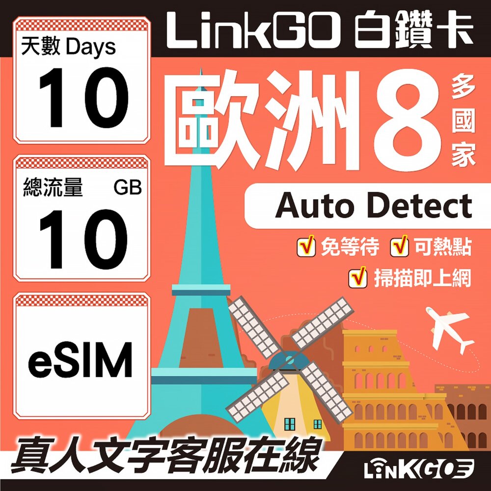 03470010-【LINKGO】白鑽卡 歐洲8國 eSIM卡 10天上網卡 總流量 10GB (歐洲網卡 法國 瑞典  奧地利 英國)