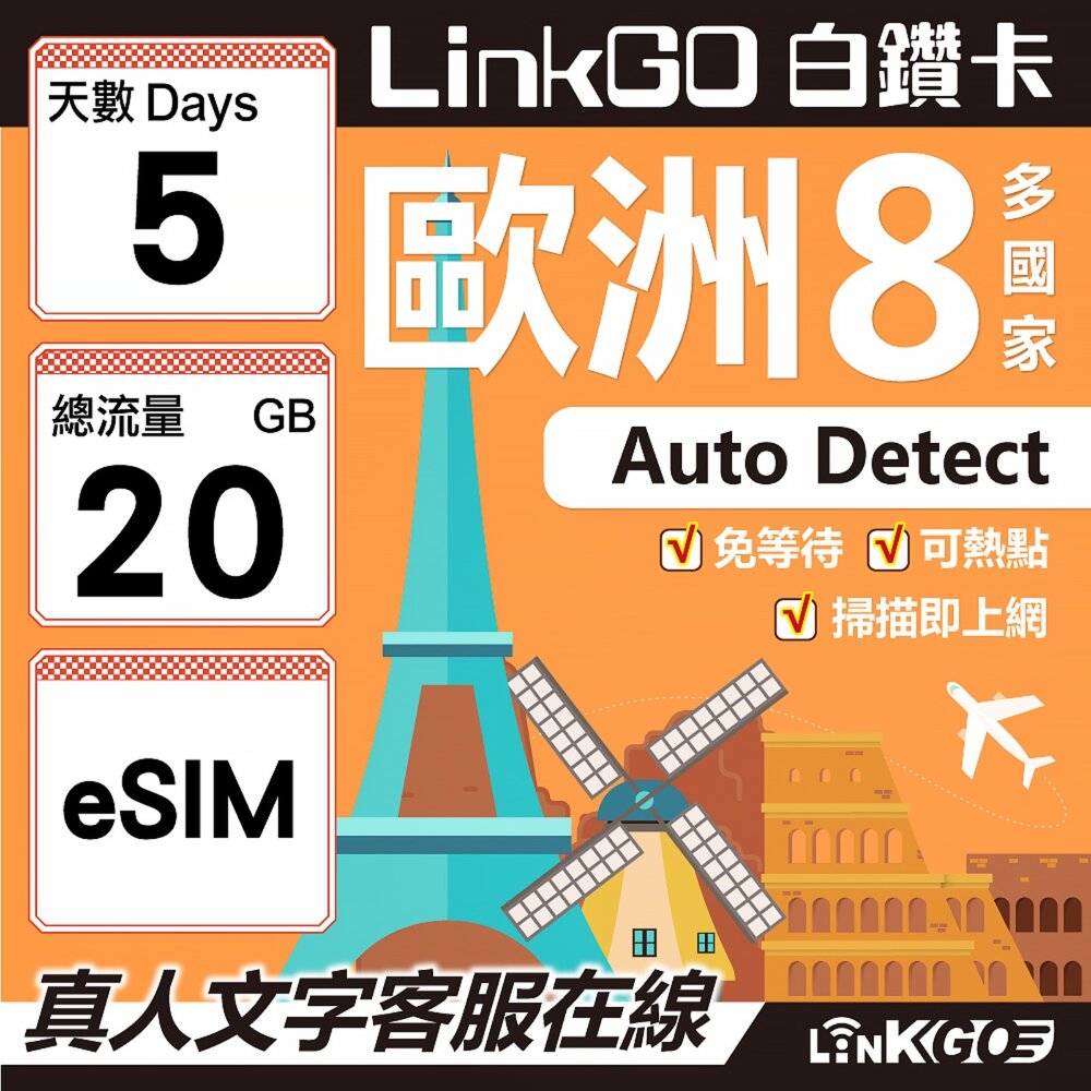 03480005-【LINKGO】白鑽卡 歐洲8國 eSIM卡 5天上網卡 總流量20GB (歐洲網卡 法國 瑞典  奧地利 英國)