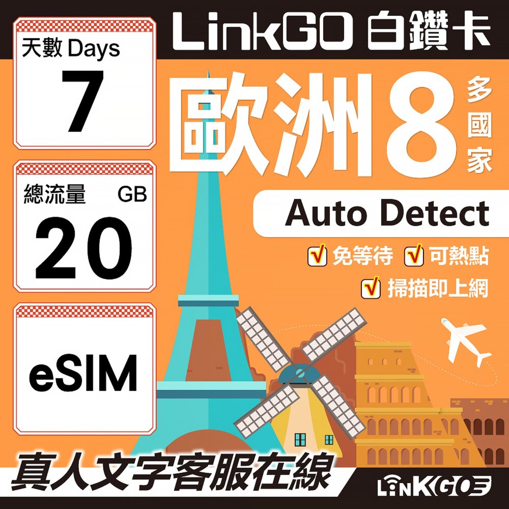 03480007-【LINKGO】白鑽卡 歐洲8國 eSIM卡 7天上網卡 總流量20GB (歐洲網卡 法國 瑞典  奧地利 英國)