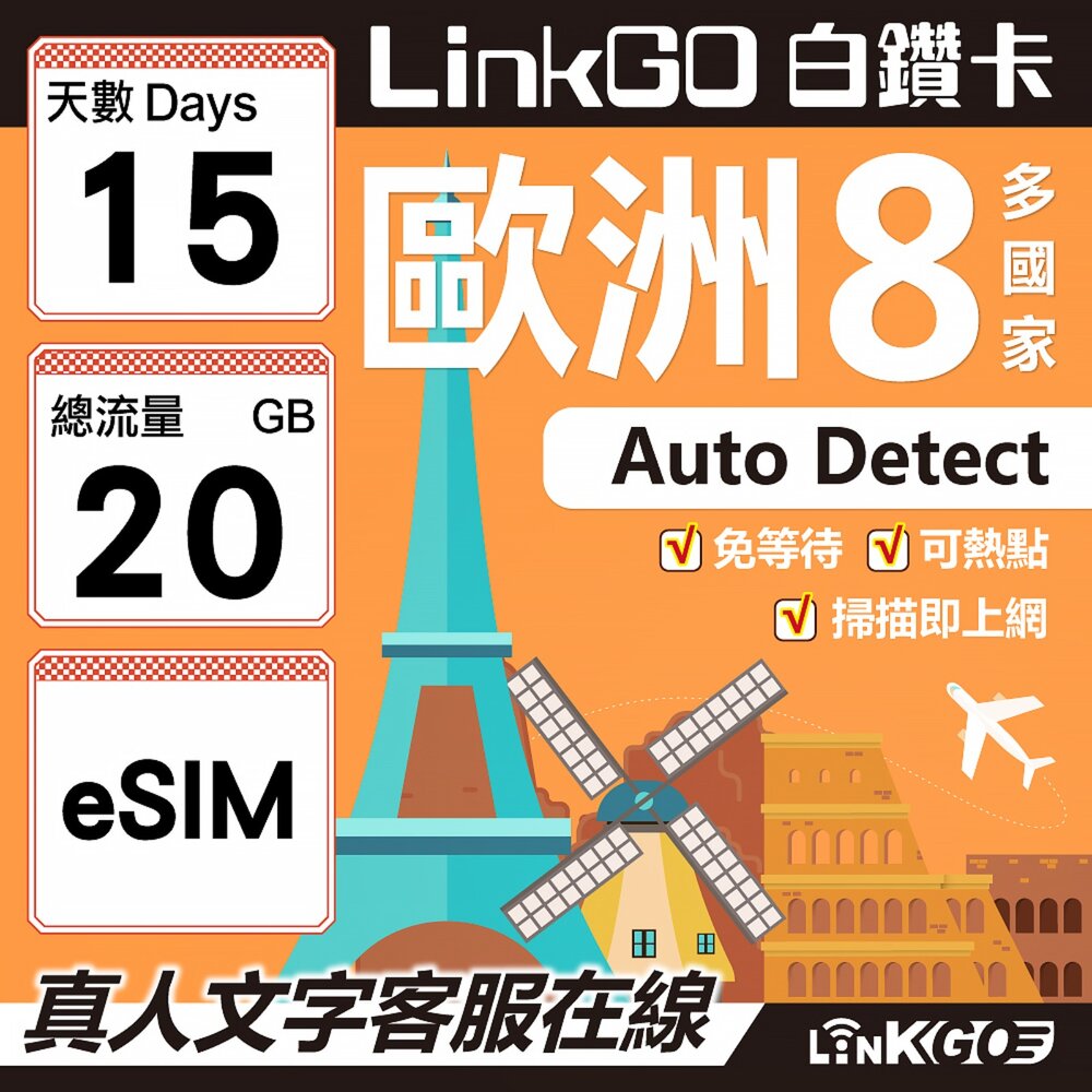 03480015-【LINKGO】白鑽卡 歐洲8國 eSIM卡 15天上網卡 總流量20GB (歐洲網卡 法國 瑞典  奧地利 英國)