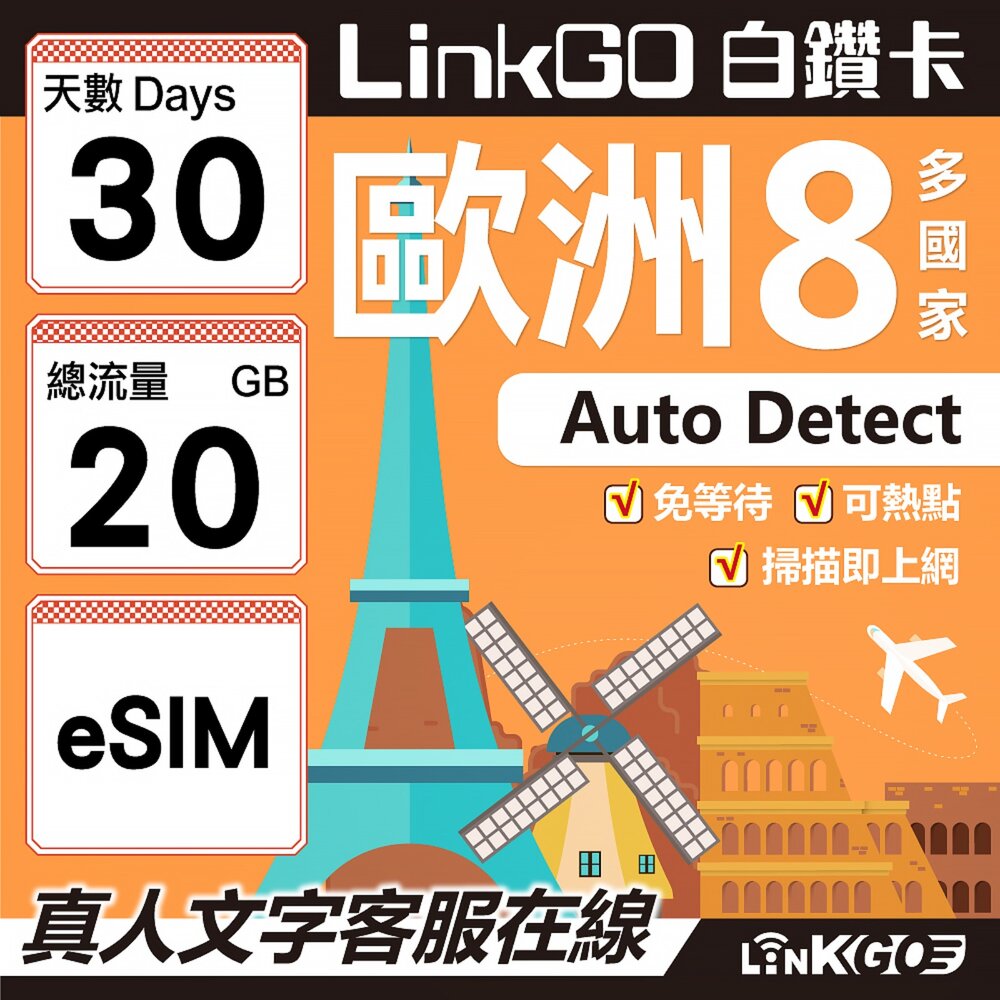 03480030-【LINKGO】白鑽卡 歐洲8國 eSIM卡 30天上網卡 總流量20GB (歐洲網卡 法國 瑞典  奧地利 英國)