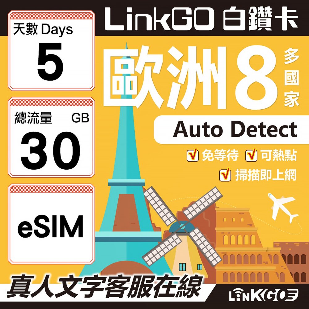 03490005-【LINKGO】白鑽卡 歐洲8國 eSIM卡 5天上網卡 總流量30GB (歐洲網卡 法國 瑞典  奧地利 英國)