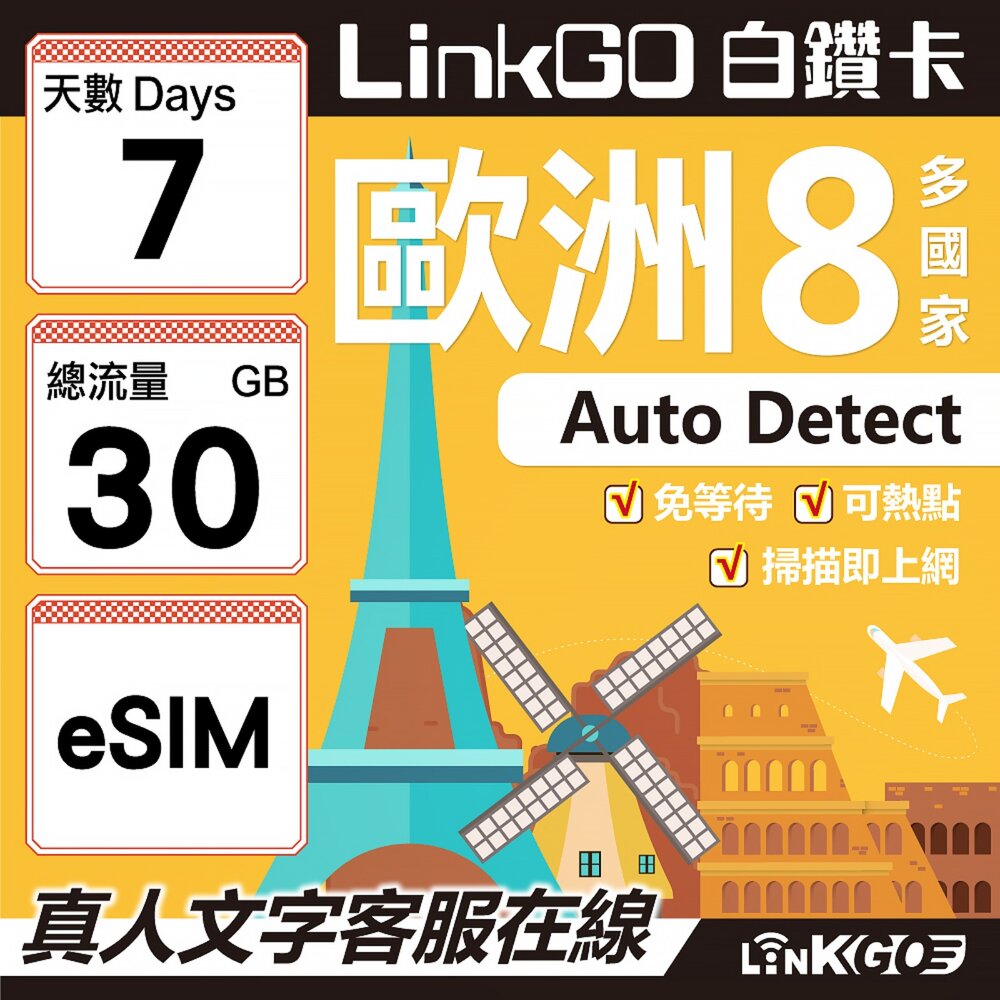 03490007-【LINKGO】白鑽卡 歐洲8國 eSIM卡 7天上網卡 總流量30GB (歐洲網卡 法國 瑞典  奧地利 英國)