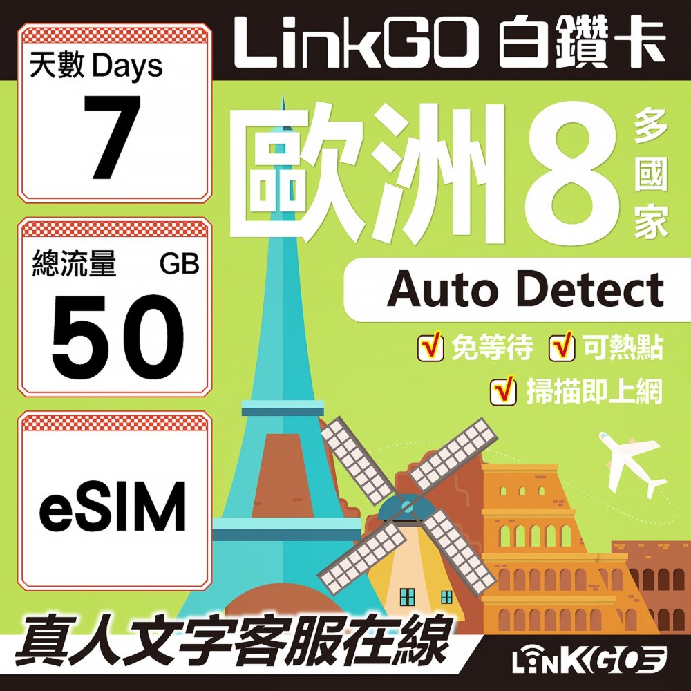 03500007-【LINKGO】白鑽卡 歐洲8國 eSIM卡 7天上網卡 總流量50GB (歐洲網卡 法國 瑞典  奧地利 英國)