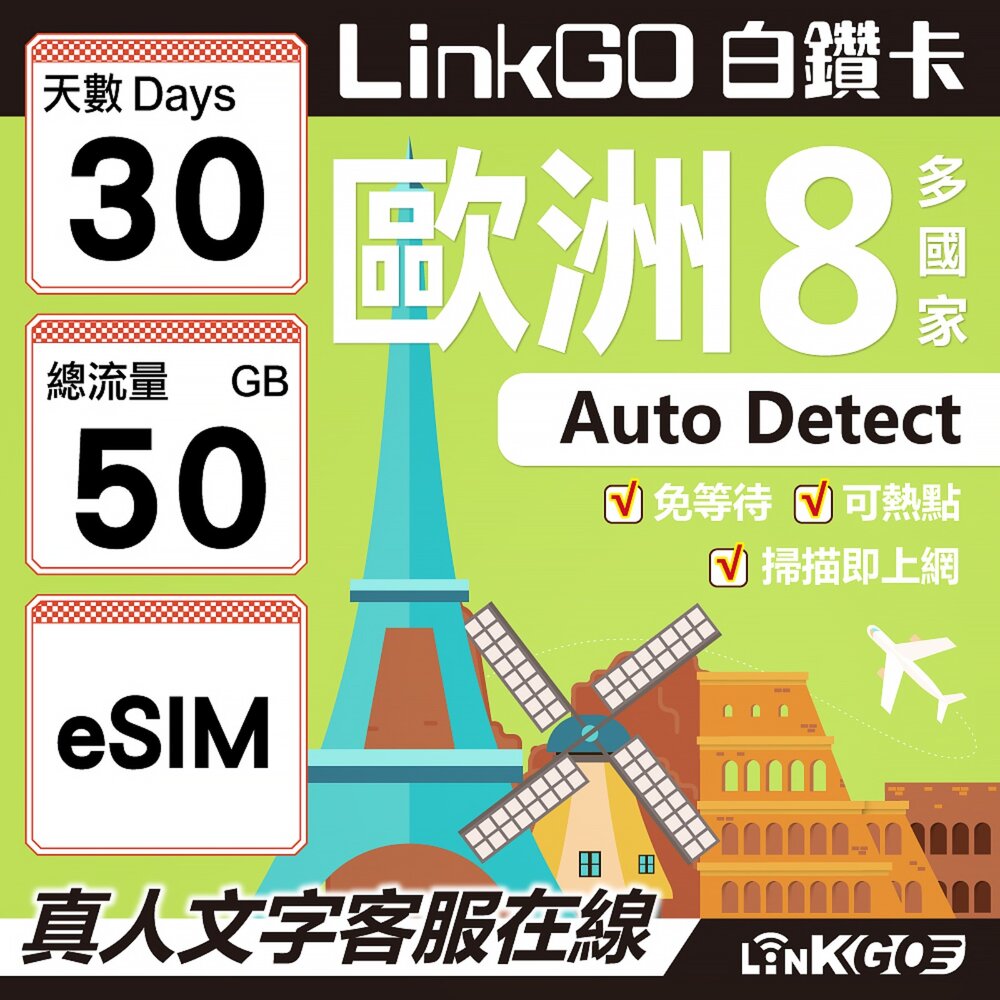 03500030-【LINKGO】白鑽卡 歐洲8國 eSIM卡 30天上網卡 總流量50GB (歐洲網卡 法國 瑞典  奧地利 英國)