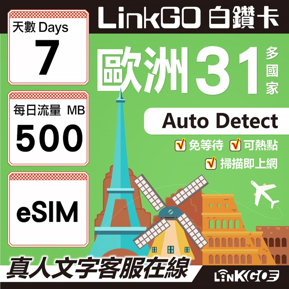 03510007-【LINKGO】白鑽卡 歐洲31國 eSIM卡 7天上網卡 每日500MB (歐洲網卡 西班牙 德國 奧地利 英國)