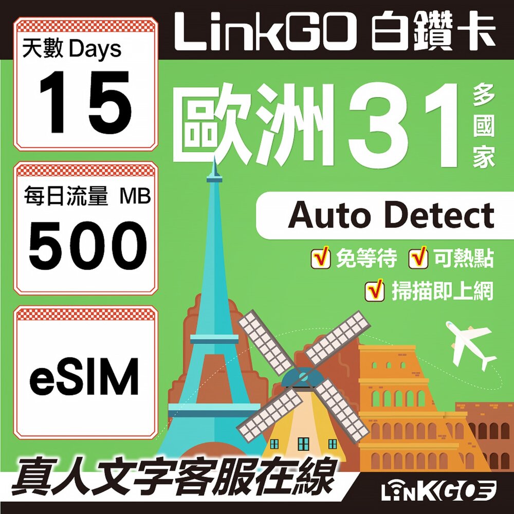 03510015-【LINKGO】白鑽卡 歐洲31國 eSIM卡 15天上網卡 每日500MB (歐洲網卡 西班牙 德國 奧地利 英國)