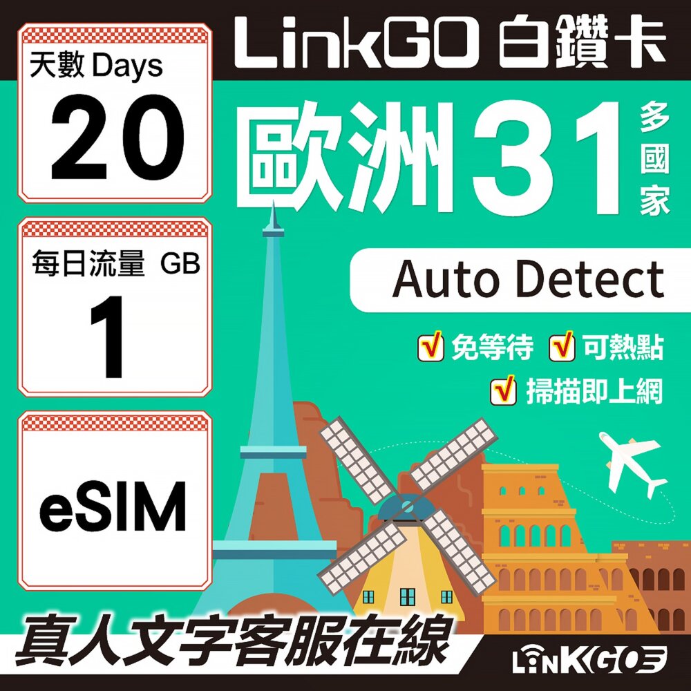03530020-【LINKGO】白鑽卡 歐洲31國 eSIM卡 20天上網卡 每日1GB(歐洲網卡 西班牙 德國 奧地利 英國)