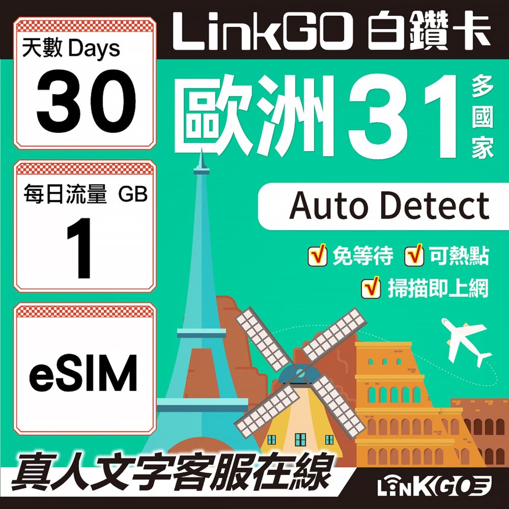 03530030-【LINKGO】白鑽卡 歐洲31國 eSIM卡 30天上網卡 每日1GB(歐洲網卡 西班牙 德國 奧地利 英國)