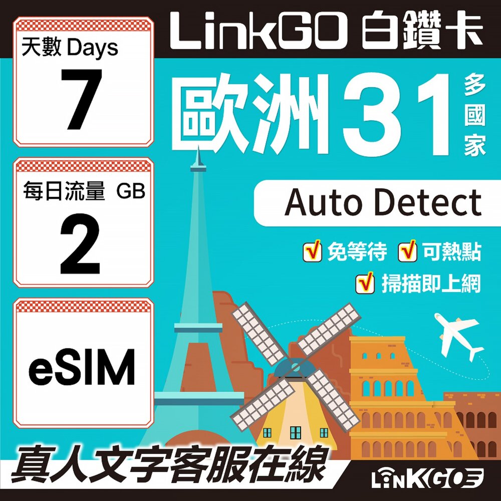 03540007-【LINKGO】白鑽卡 歐洲31國 eSIM卡 7天上網卡 每日2GB(歐洲網卡 西班牙 德國 奧地利 英國)