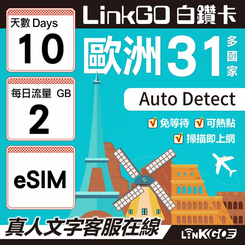 03540010-【LINKGO】白鑽卡 歐洲31國 eSIM卡 10天上網卡 每日2GB(歐洲網卡 西班牙 德國 奧地利 英國)