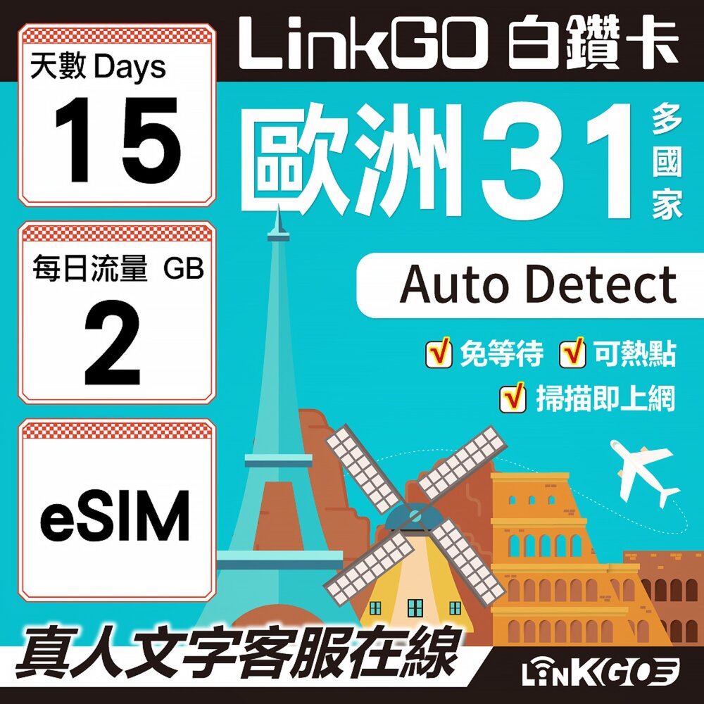 03540015-【LINKGO】白鑽卡 歐洲31國 eSIM卡 15天上網卡 每日2GB(歐洲網卡 西班牙 德國 奧地利 英國)