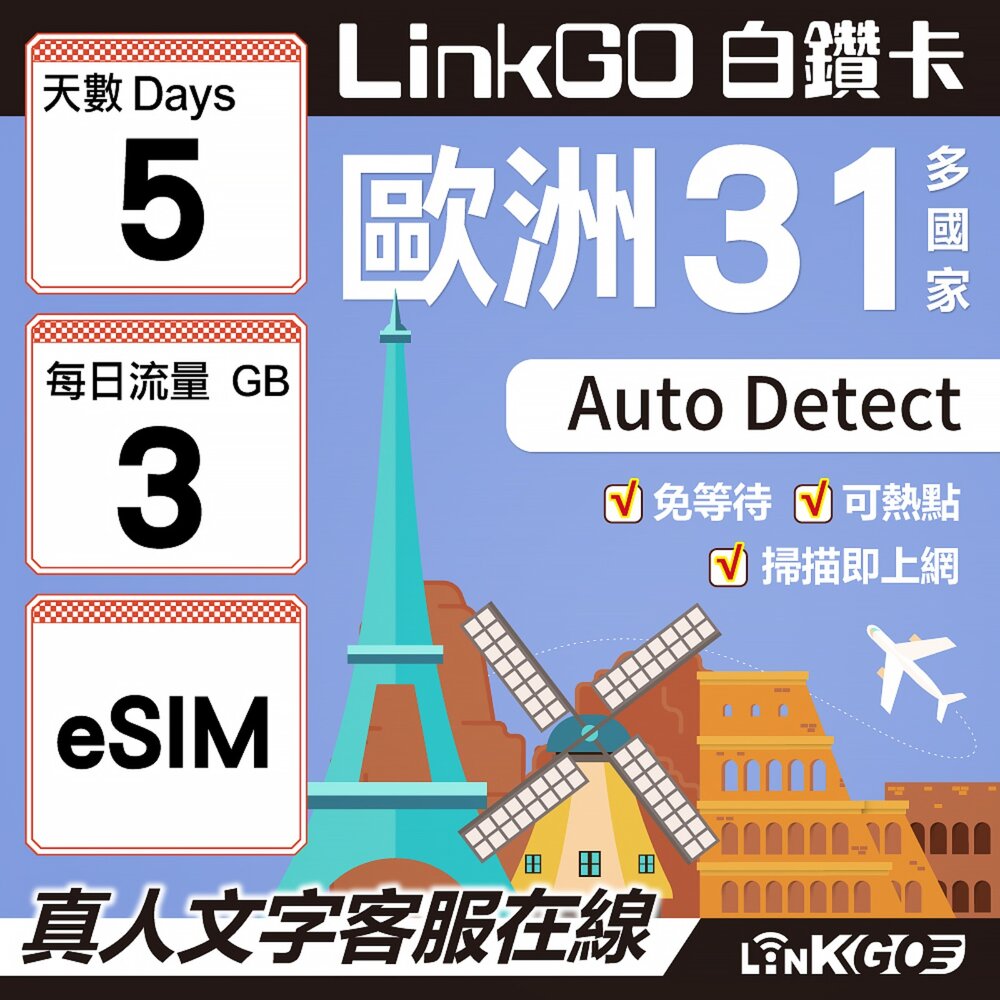 03550005-【LINKGO】白鑽卡 歐洲31國 eSIM卡 5天上網卡 每日3GB(歐洲網卡 西班牙 德國 奧地利 英國)