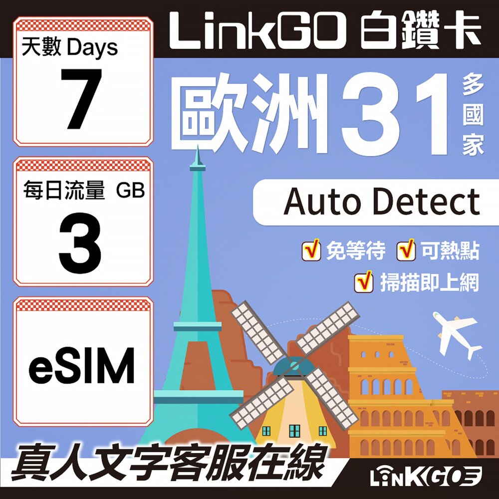 03550007-【LINKGO】白鑽卡 歐洲31國 eSIM卡 7天上網卡 每日3GB(歐洲網卡 西班牙 德國 奧地利 英國)