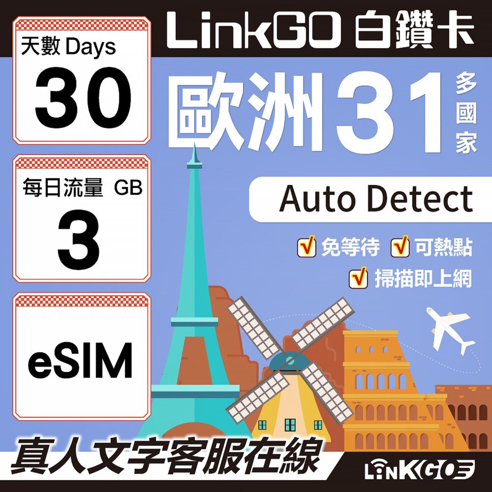 03550030-【LINKGO】白鑽卡 歐洲31國 eSIM卡 30天上網卡 每日3GB(歐洲網卡 西班牙 德國 奧地利 英國)