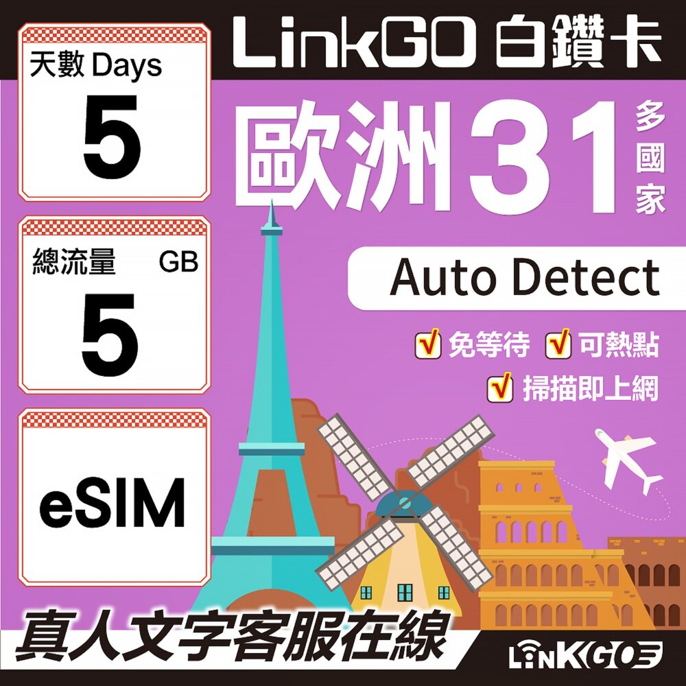 03570005-【LINKGO】白鑽卡 歐洲31國 eSIM卡 5天上網卡 總流量5GB(歐洲網卡 西班牙 德國 奧地利 英國)