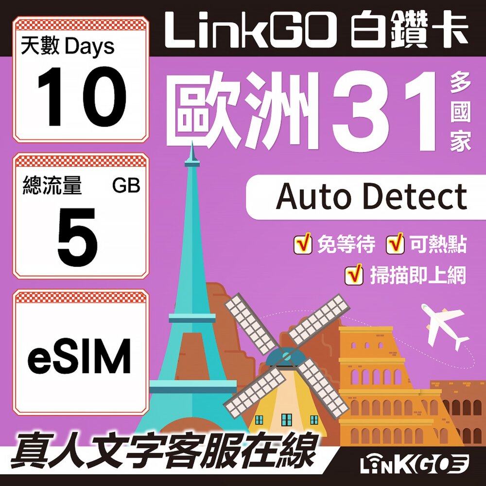 03570010-【LINKGO】白鑽卡 歐洲31國 eSIM卡 10天上網卡 總流量5GB(歐洲網卡 西班牙 德國 奧地利 英國)